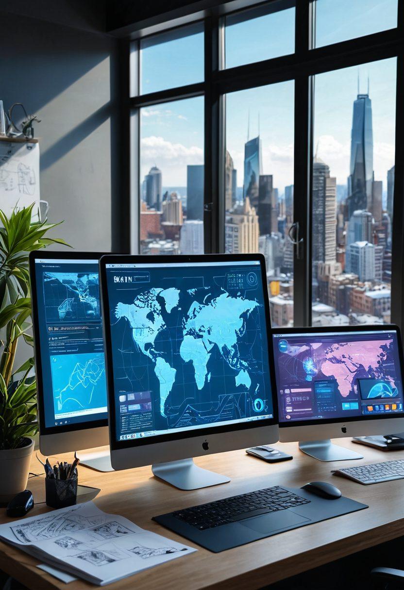 A futuristic digital workspace with a sleek, modern design desk cluttered with sketches, blueprints, and laptops displaying various stages of web development. In the background, a vibrant cityscape seen through a large window, symbolizing endless possibilities. Highlight dynamic UI/UX designs on screens and a 3D hologram showcasing an innovative website design. super-realistic. vibrant colors. 3D.